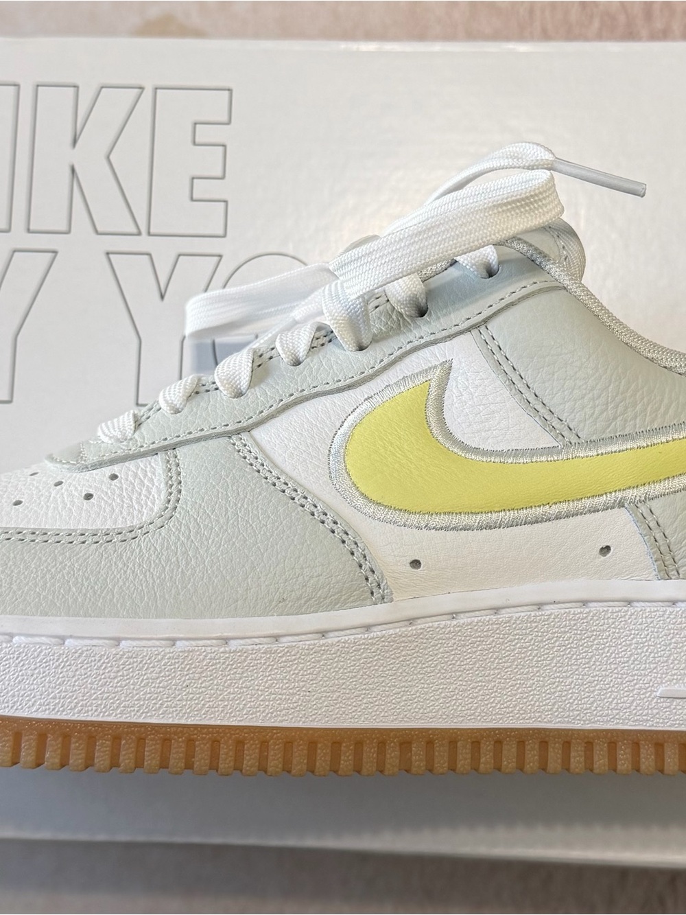 Nike Women's Air Force One Sneakers White Light Gray butter Yellow Swoosh